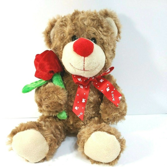 Kellytoy Valentine Brown Teddy Bear Rose Love Bow 12" Plush Stuffed Animal Toy - Picture 1 of 8
